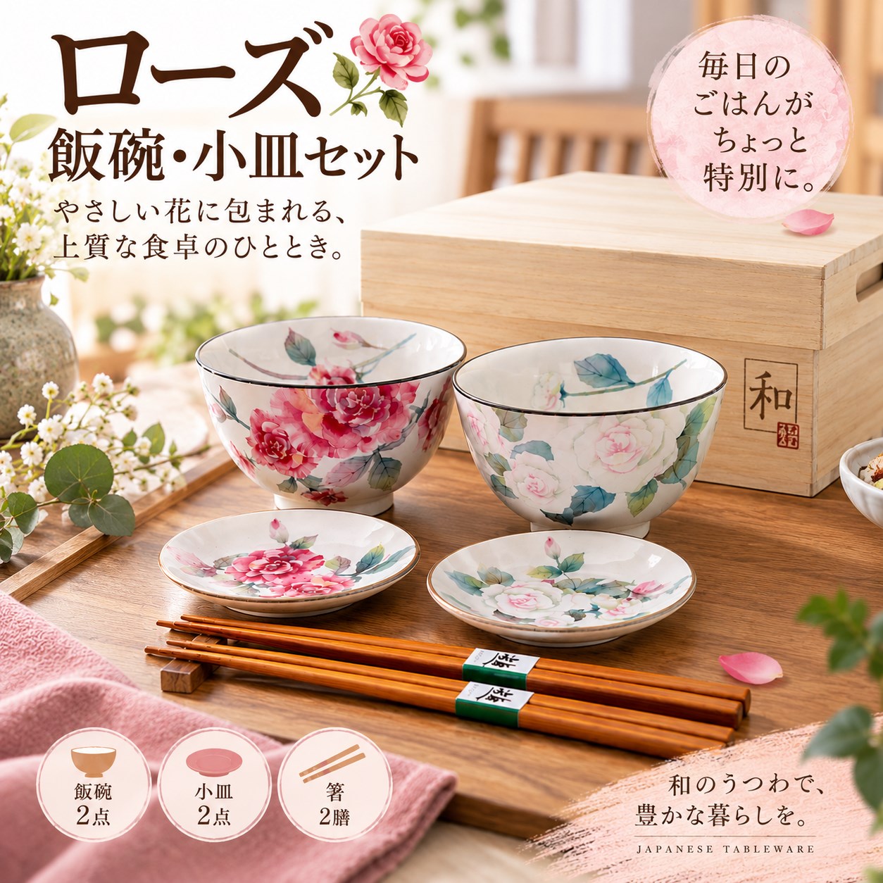 【HIYASU日安工坊】玫瑰 飯碗小皿套組 附筷, , large