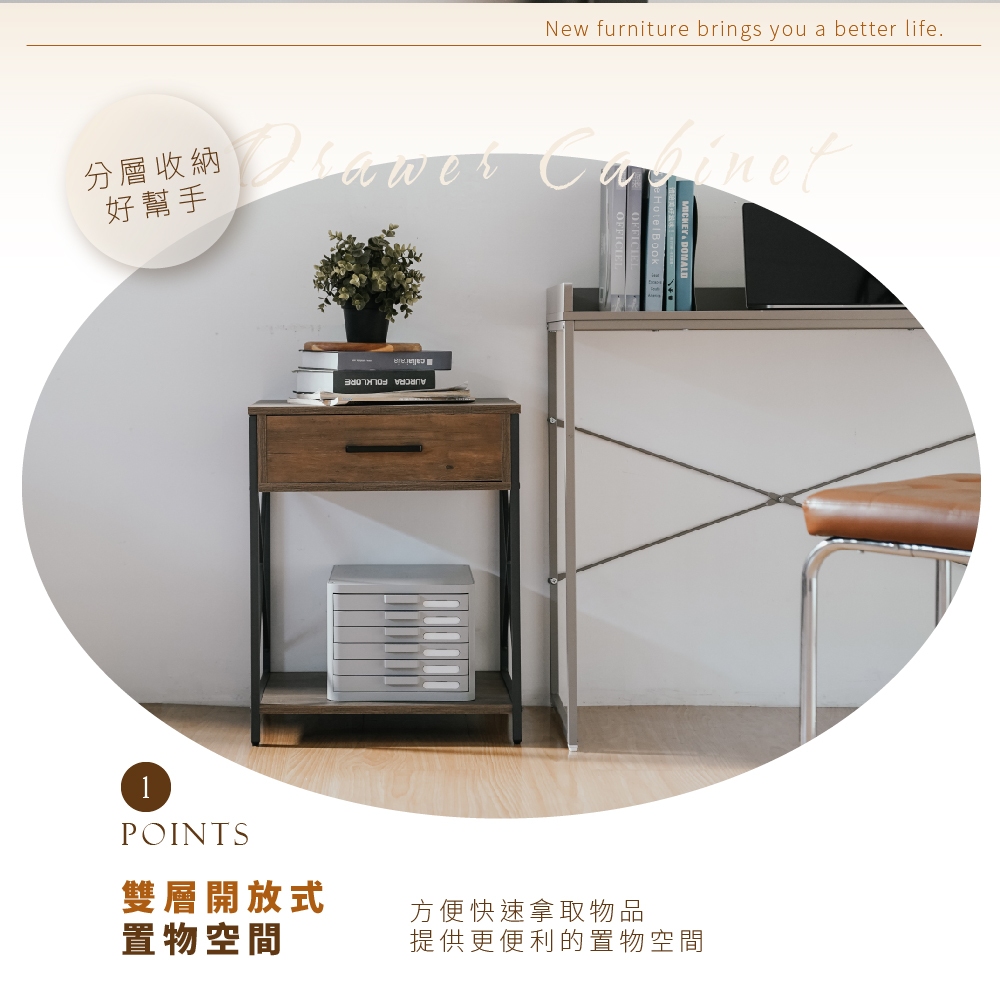 一抽櫃 床頭櫃 工業風 收納 抽屜櫃 小邊櫃 邊桌 小型邊櫃 抽屜櫃 床邊櫃 沙發邊几 DR268, 木紋色, large