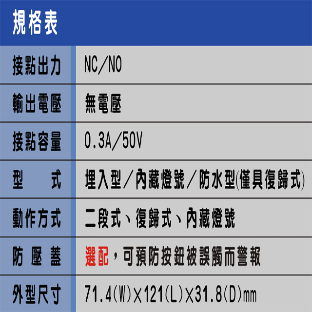 昌運監視器 RS-110SL-LW1 ON/OFF 埋入式紅片緊急押扣(帶燈), , large