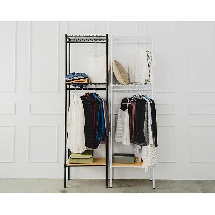 【Y HOUSE】60x30x210cm Pine Three-Layer Double Rod Wardrobe with Wheels - Black, , large