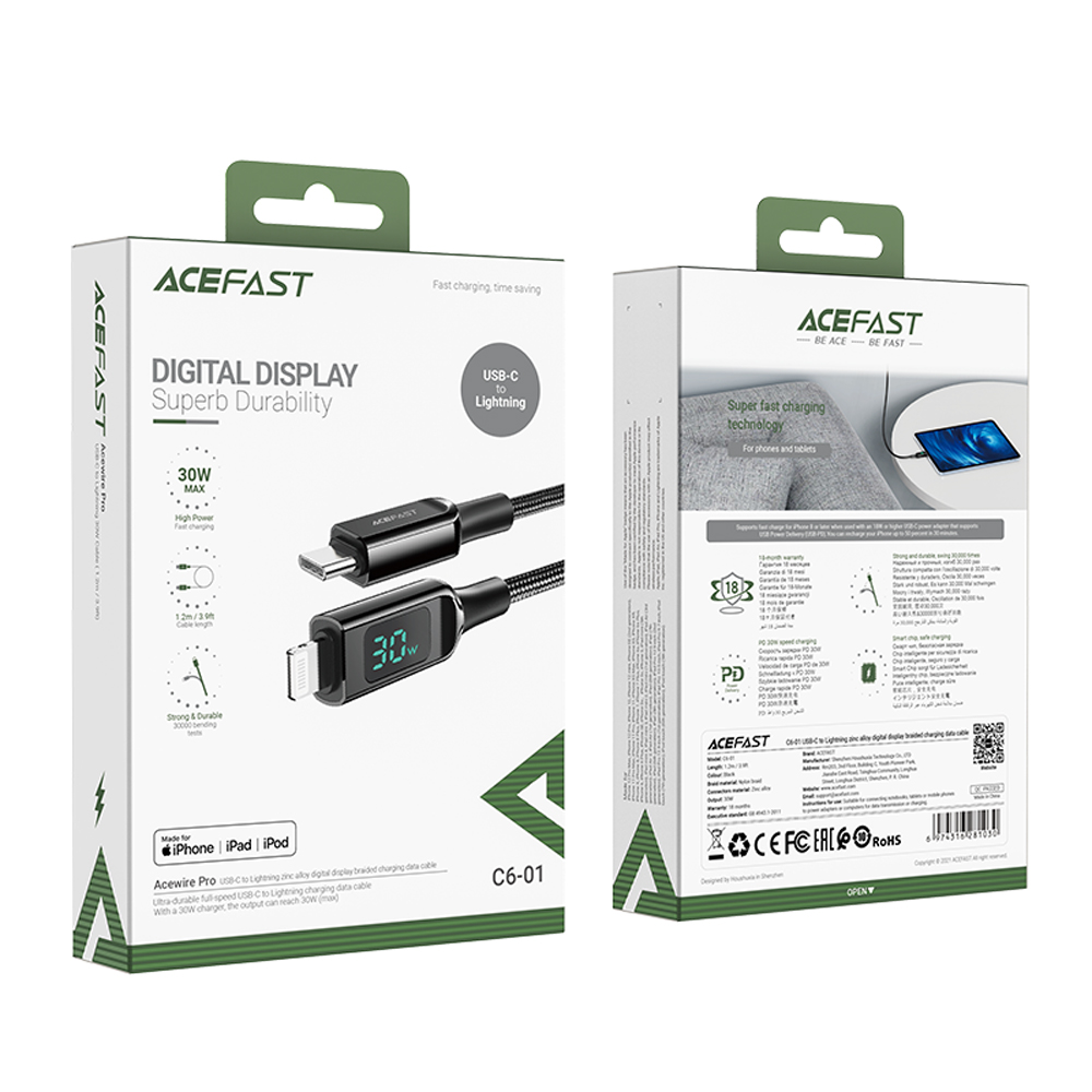 【ACEFAST】Digital Display PD Fast Charging Cable-Black, 黑色, large