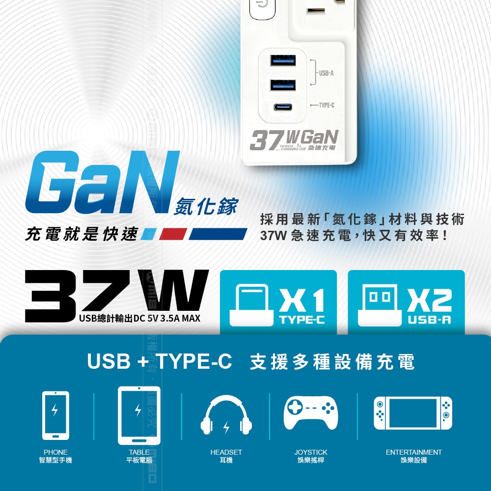 Energizer GaN 37W 4-port 3-outlet 3-port USB extension cable, 1.8m (2 USB ports, 1 TYPEC, new safety standard, made in Taiwan), , large
