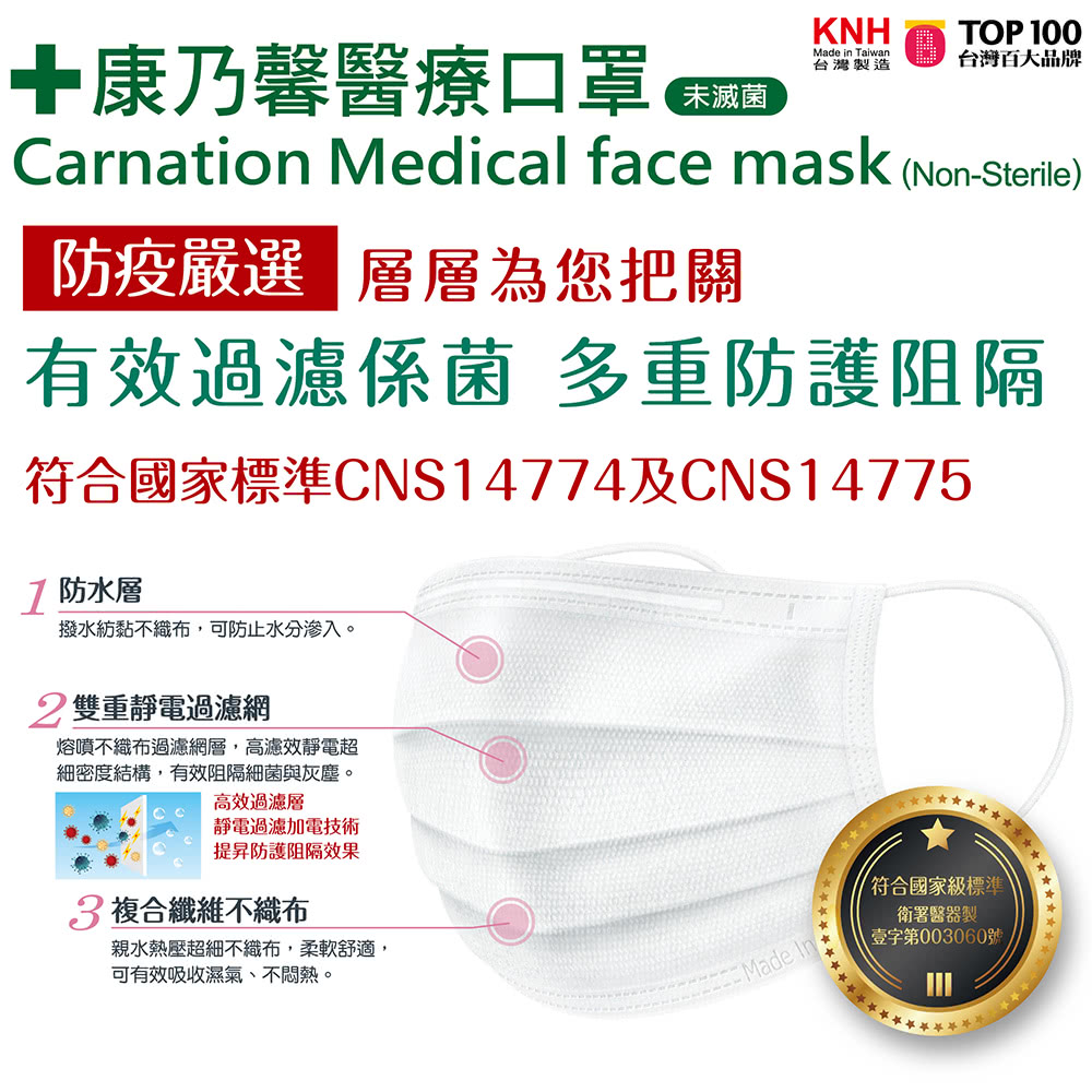 Carnation Medical face mask(white) 50pcs, , large