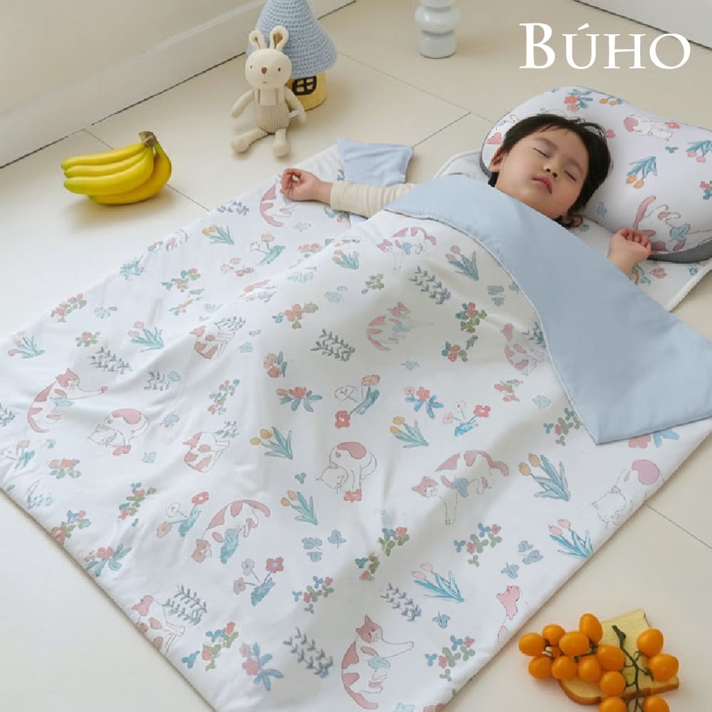 【BUHO布歐】《喵星花園》零度冰眠紗涼感兒童睡墊三件組(鋪棉睡墊+涼被+記憶枕), 喵星花園, large