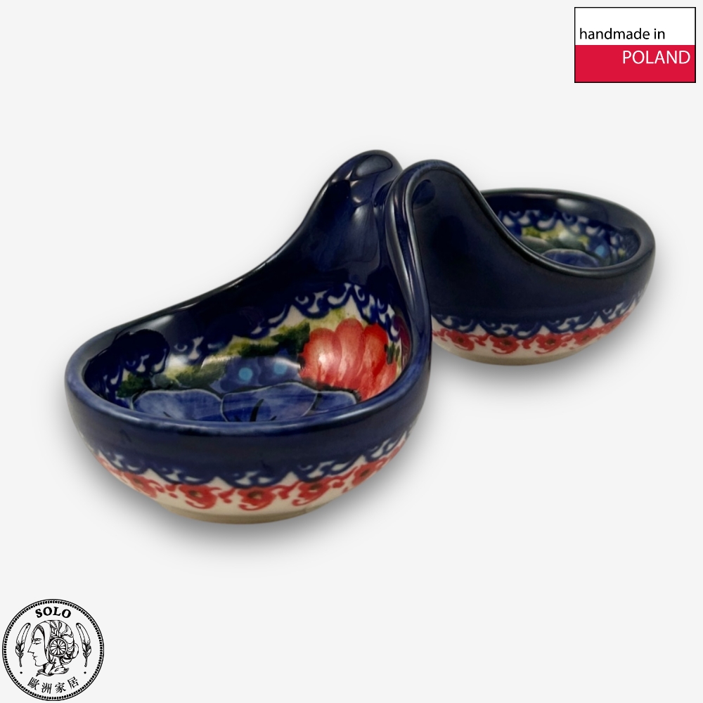 【SOLO Vintage】Cerraf Polish Pottery 14cm Divided Bowl / Small Sauce Bowl Red and Blue Blossoming Elegance Series Made in Poland, , large