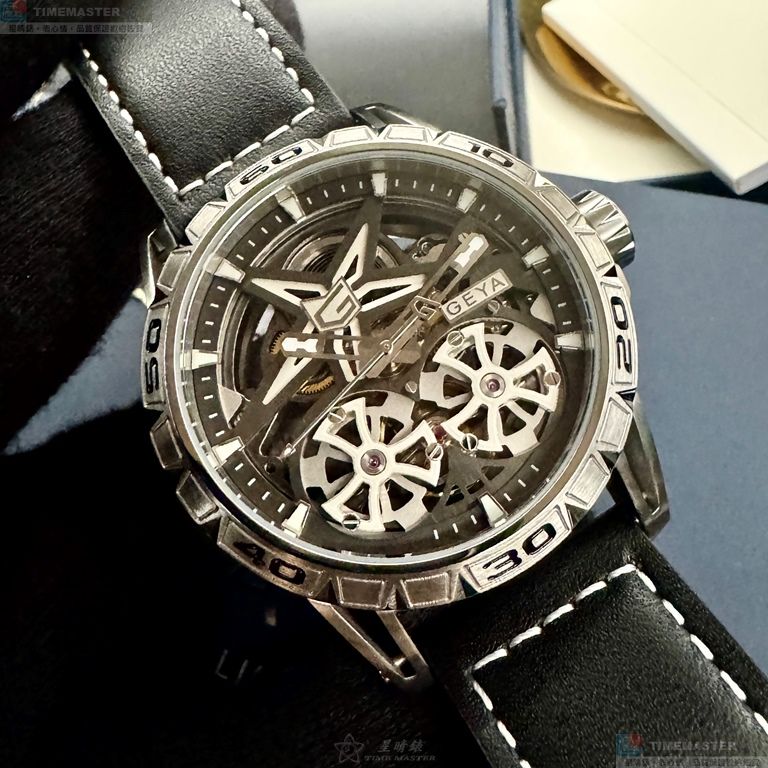 [星晴錶業]GEYA手錶,44mm,G78155GWK雙面機械鏤空錶面銀錶殼深黑色真皮皮革錶帶款, , large