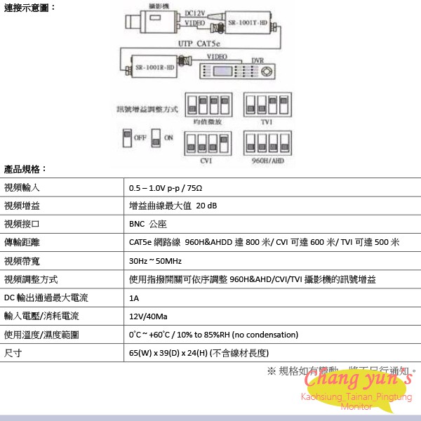 昌運監視器 SR-1001T-HD 攝影機端 絞線影像放大器 支援960H/AHD/CVI/TVI AHD 可達800米, , large