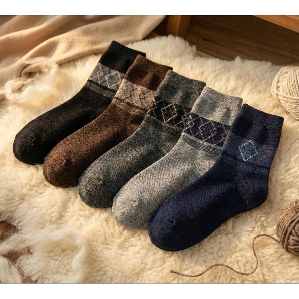 [Kaimi Cotton] 7-Pair Set &ndash; Random Colors &ndash; Winter Essential (Men&rsquo;s) Premium Thermal Wool Socks &ndash; Cold-Proof / Warm / Long Winter Socks &ndash; Argyle Design, , large