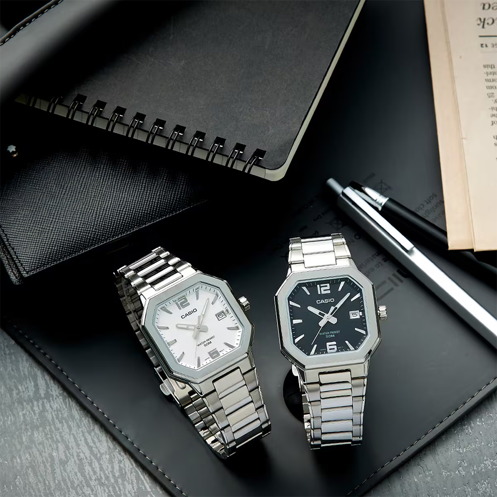 CASIO 卡西歐 八角日期指針手錶-黑x銀 不鏽鋼帶 考試錶 學生錶 送禮 禮物 推薦(MTP-B195D-1AV), , large