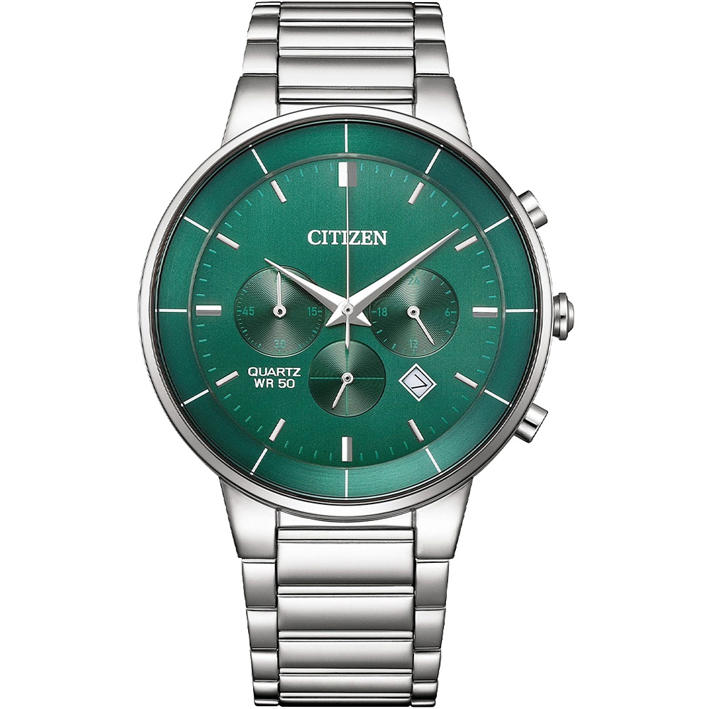 CITIZEN 星辰 Chronograph 紳男計時手錶 送禮推薦-銀x綠/42mm AN8220-52X, , large
