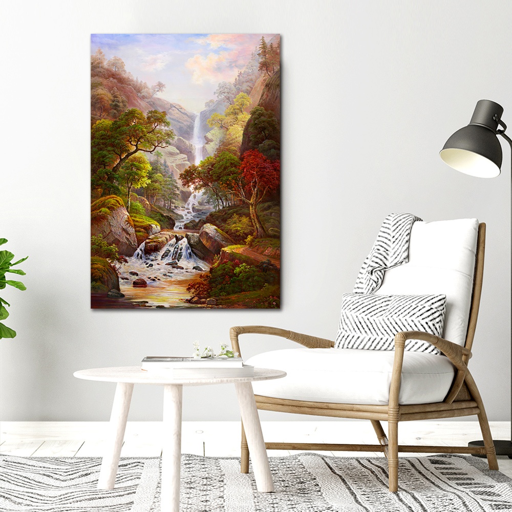 【御畫房】高山飛瀑 國家一級畫師手繪油畫60&times;90cm(VF-104), , large