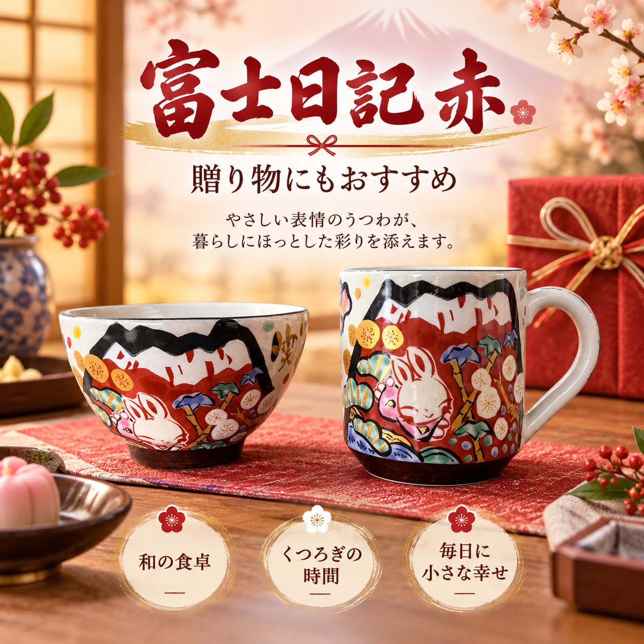 【HIYASU日安工坊】杯碗組 富士日記 赤, , large