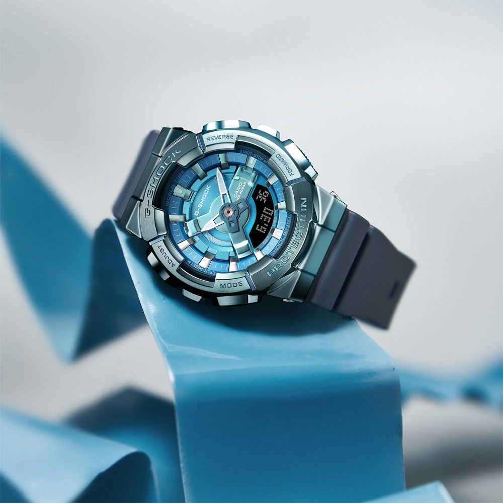 CASIO 卡西歐 G-SHOCK 金屬色雙顯電子錶-科技藍 GM-S110LB-2A, , large