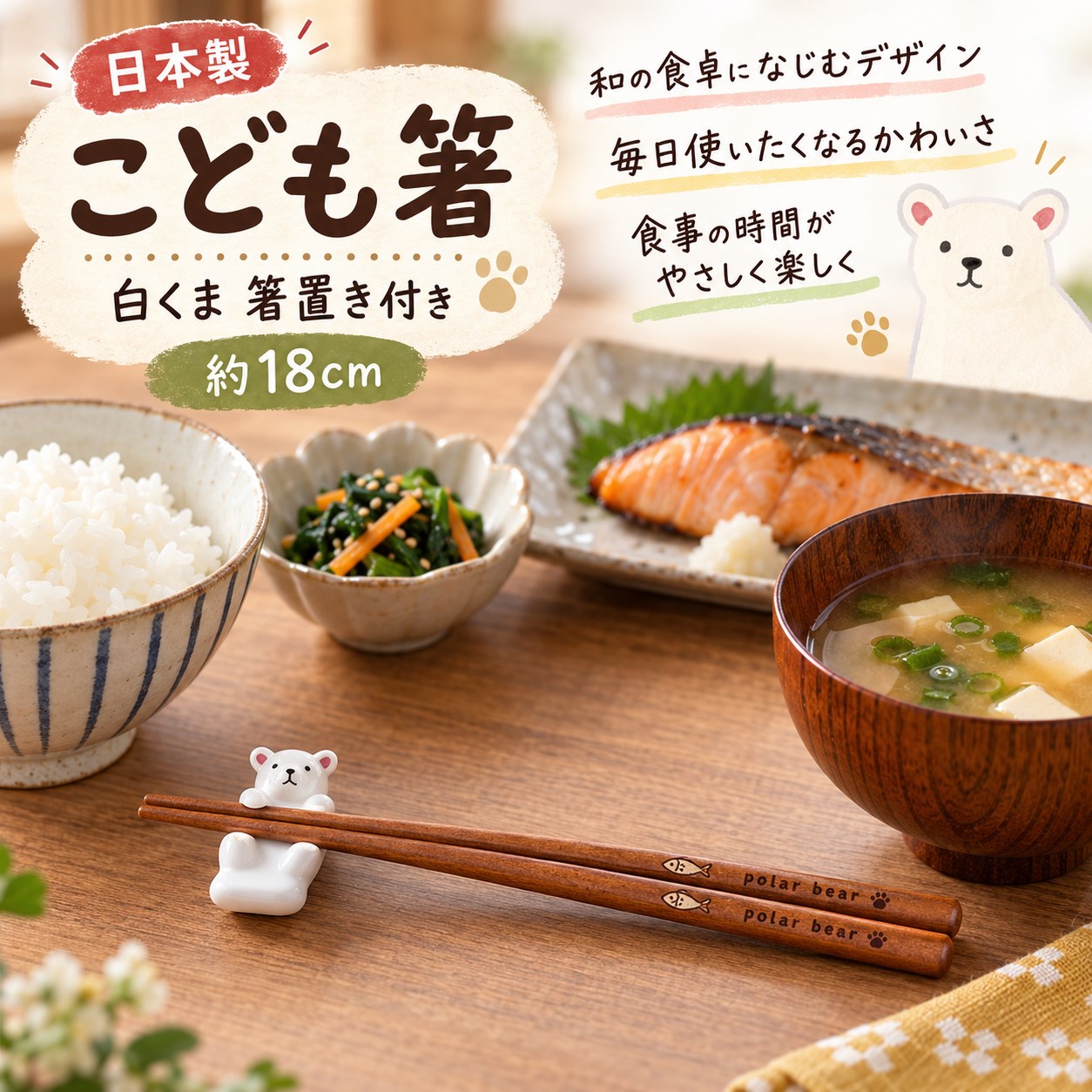 【HIYASU日安工坊】日本兒童箸-白熊 附筷架, , large