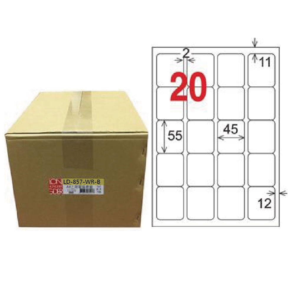 【龍德】LONGDER 三用電腦標籤 A4 20格 圓角 45*55mm可再貼1000張/箱 LD-857-WR-B(適用雷射、噴墨、影印), , large