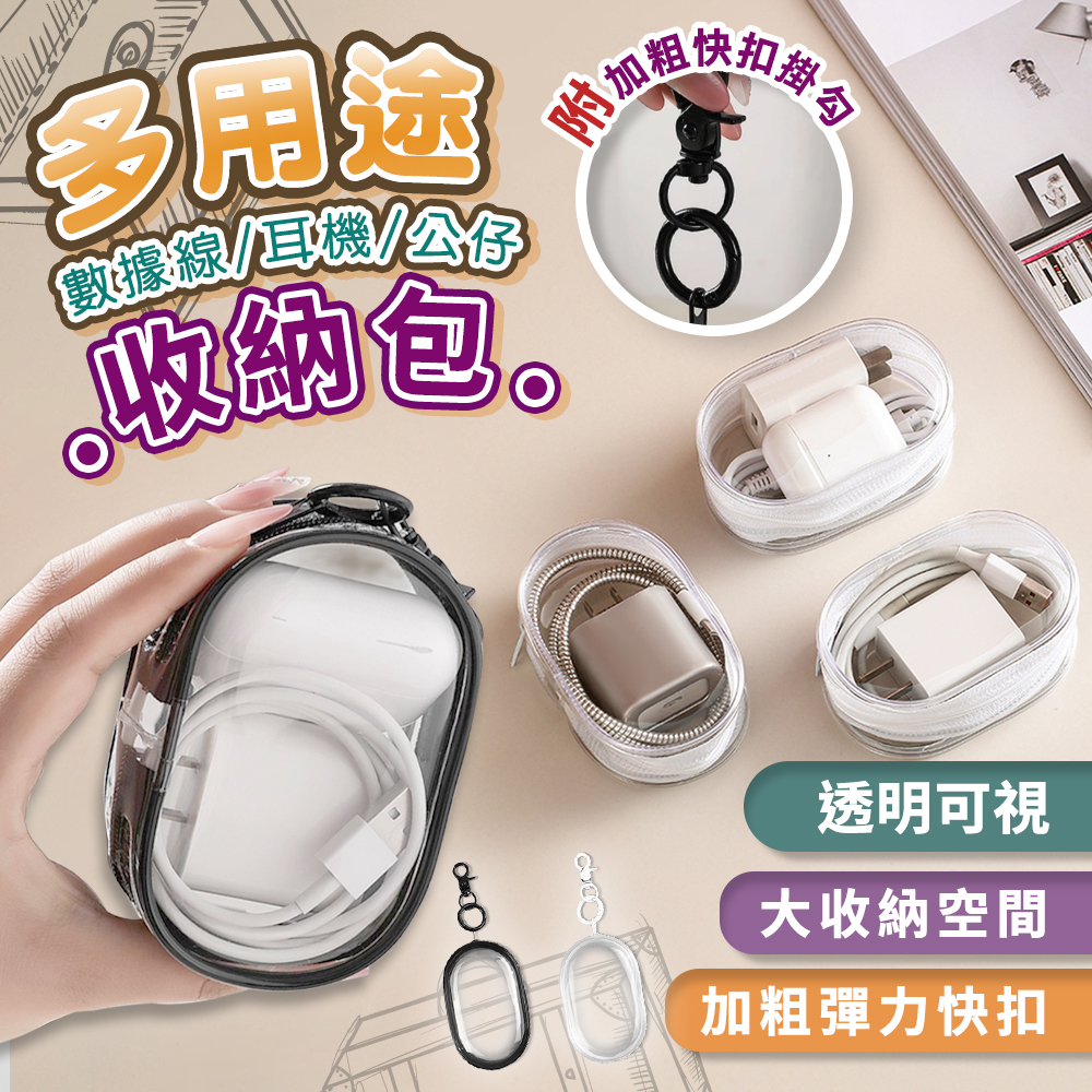 【高品生活】數據線耳機公仔多用途收納包｜收納包｜掛勾收納包｜耳機包｜遛娃包｜曬娃包｜/透明充電線收納包, , large