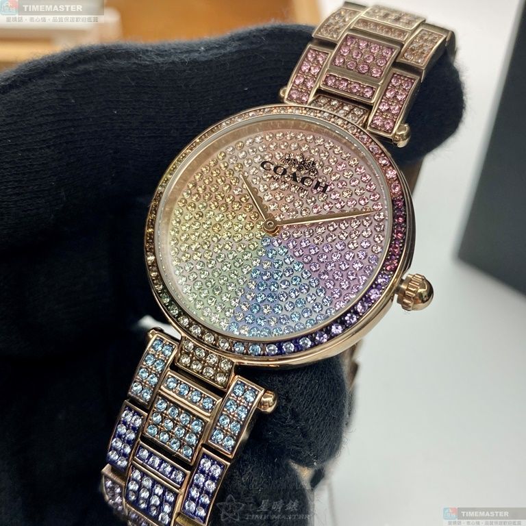 [星晴錶業]COACH手錶,34mm,CH00059彩虹圈錶面玫瑰金錶殼彩虹色精鋼錶帶款, , large