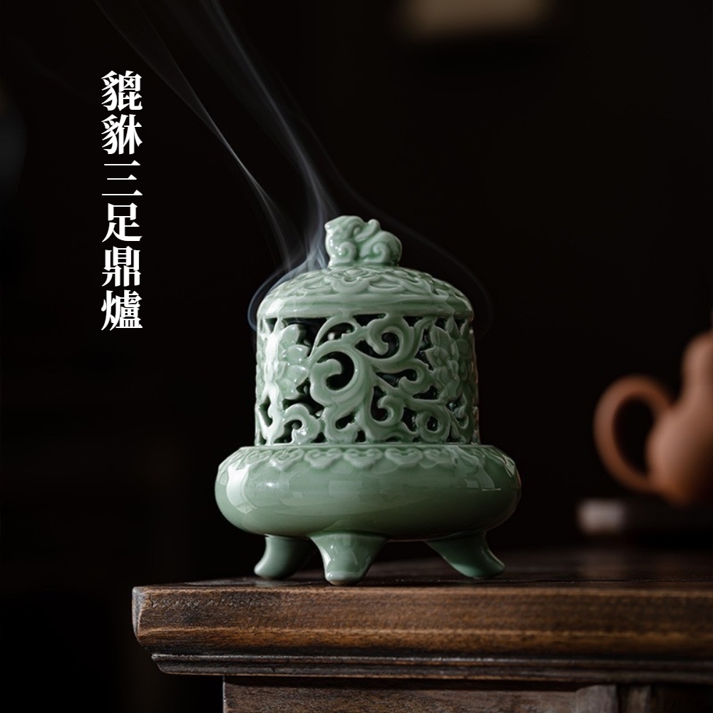 【A&R】招財開運 青瓷貔貅三足鼎香爐 , , large