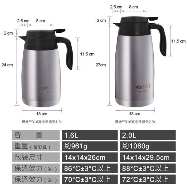 PERFECT 理想牌 極緻316不鏽鋼真空保溫壺 不鏽鋼1.6L-Leidea樂德兒, , large