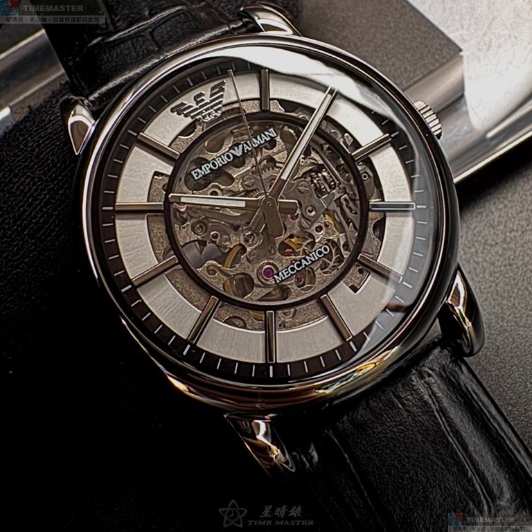 [星晴錶業]ARMANI手錶,44mm,AR00073機械鏤空錶面銀錶殼深黑色真皮皮革錶帶款, , large