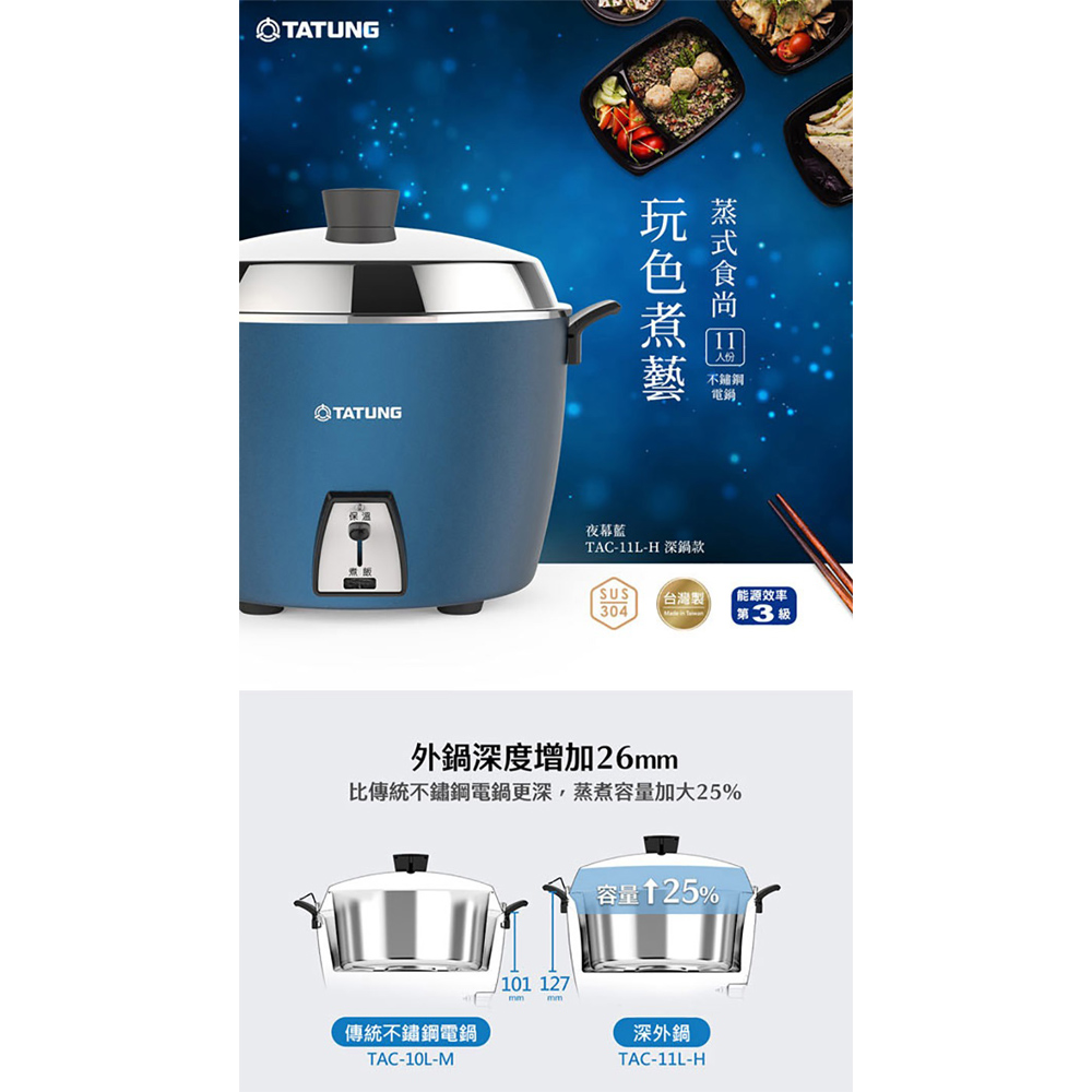 TATUNG Tatung 11-Cup Night Blue Stainless Steel Accessories Deep Pot Electric Cooker TAC-11L-HB, , large