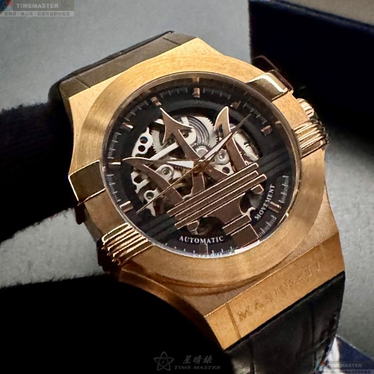 [星晴錶業]MASERATI手錶,42mm,R8821108002機械鏤空錶面玫瑰金錶殼深黑色真皮皮革錶帶款, , large