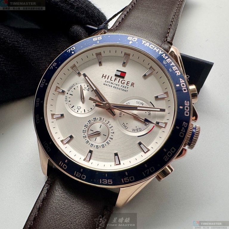 [星晴錶業]TommyHilfiger手錶,46mm,TH00053銀白錶面寶藍錶殼咖啡色真皮皮革錶帶款, , large