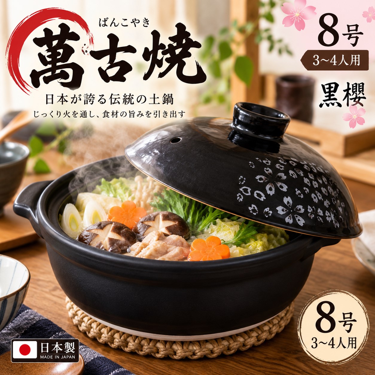 【HIYASU日安工坊】日本萬古燒8號砂鍋-黑櫻, , large