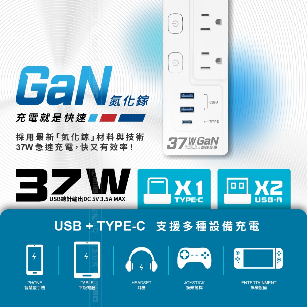 Energizer GaN 37W 6-port 3-outlet 5-port USB extension cable, 1.8m (2 USB ports, 1 TYPEC, new safety standard, made in Taiwan), , large