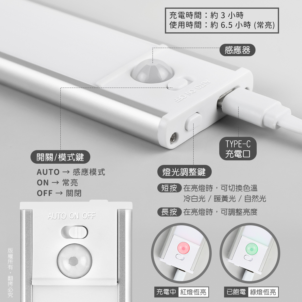 aibo 三色光 超薄長效續航 充電磁吸式 LED感應燈(20cm), , large