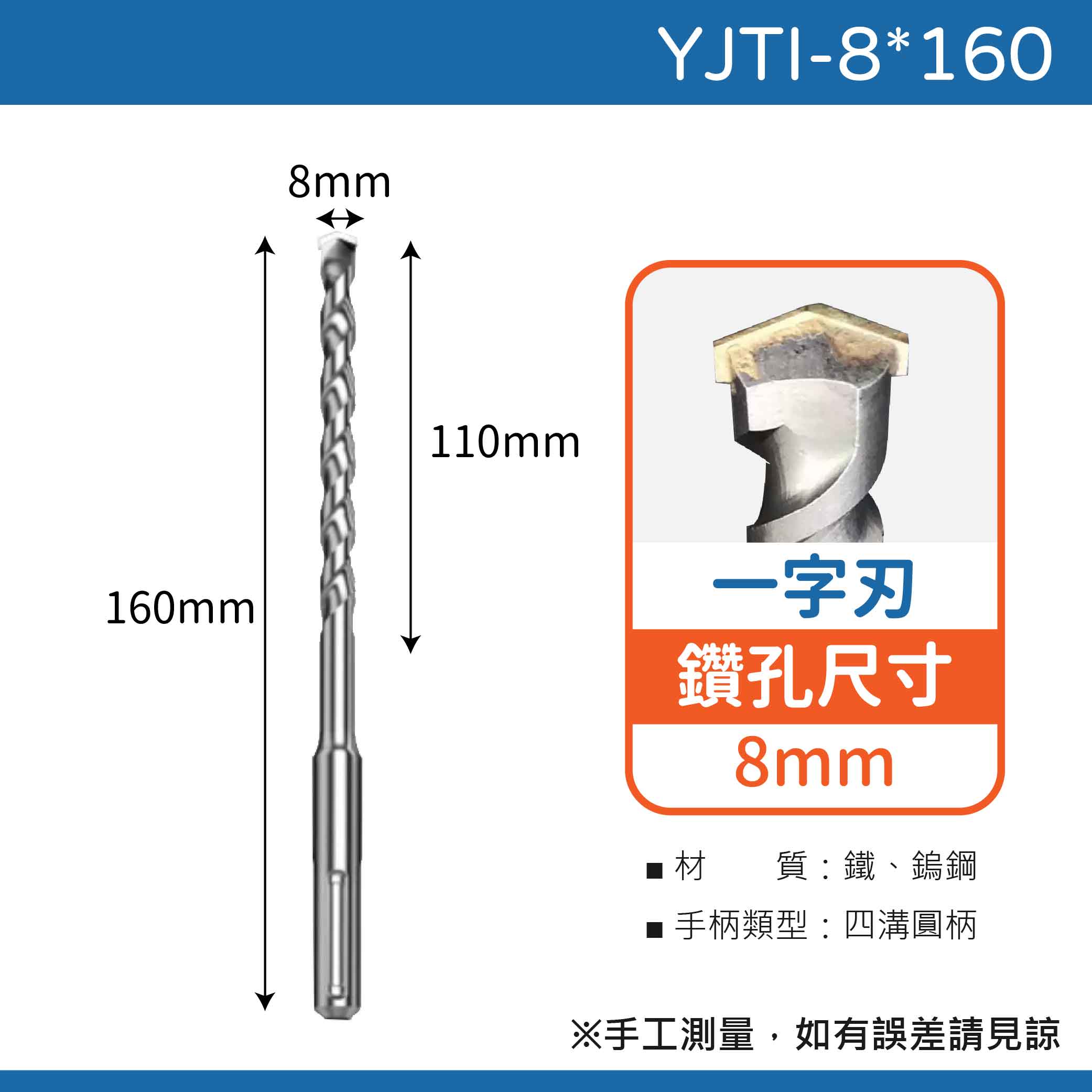 鉅玉經典｜TIGER虎牌  一字刃四溝水泥鑽尾 YJTI-8*160, , large
