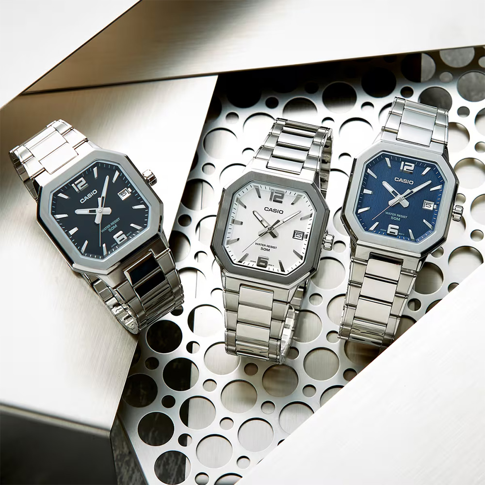 CASIO 卡西歐 八角日期指針手錶-黑x銀 不鏽鋼帶 考試錶 學生錶 送禮 禮物 推薦(MTP-B195D-1AV), , large