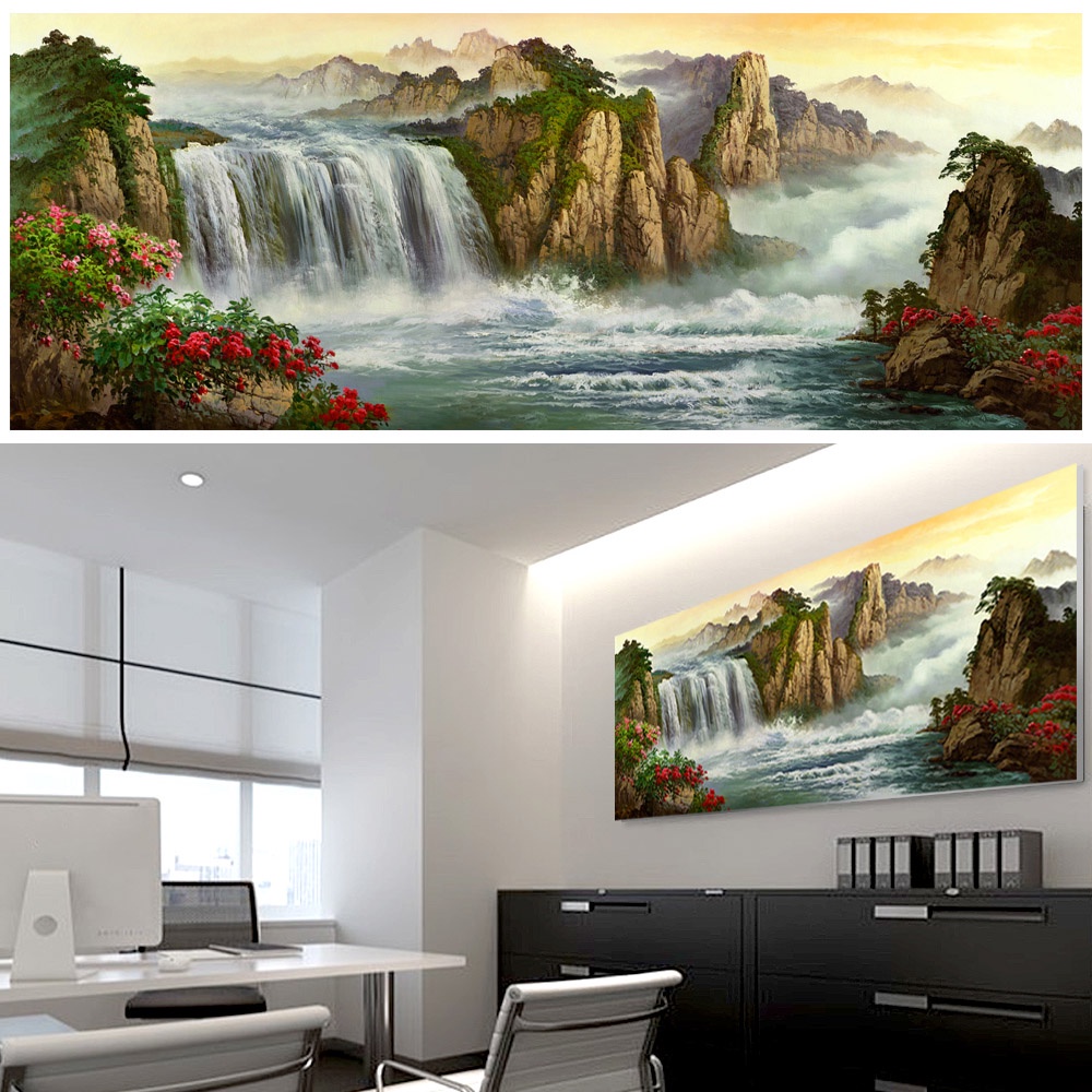 【御畫房】高山飛瀑 國家一級畫師手繪油畫60&times;120cm(VF-34), , large
