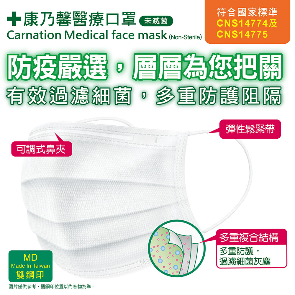 Carnation Medical face mask(white) 50pcs, , large