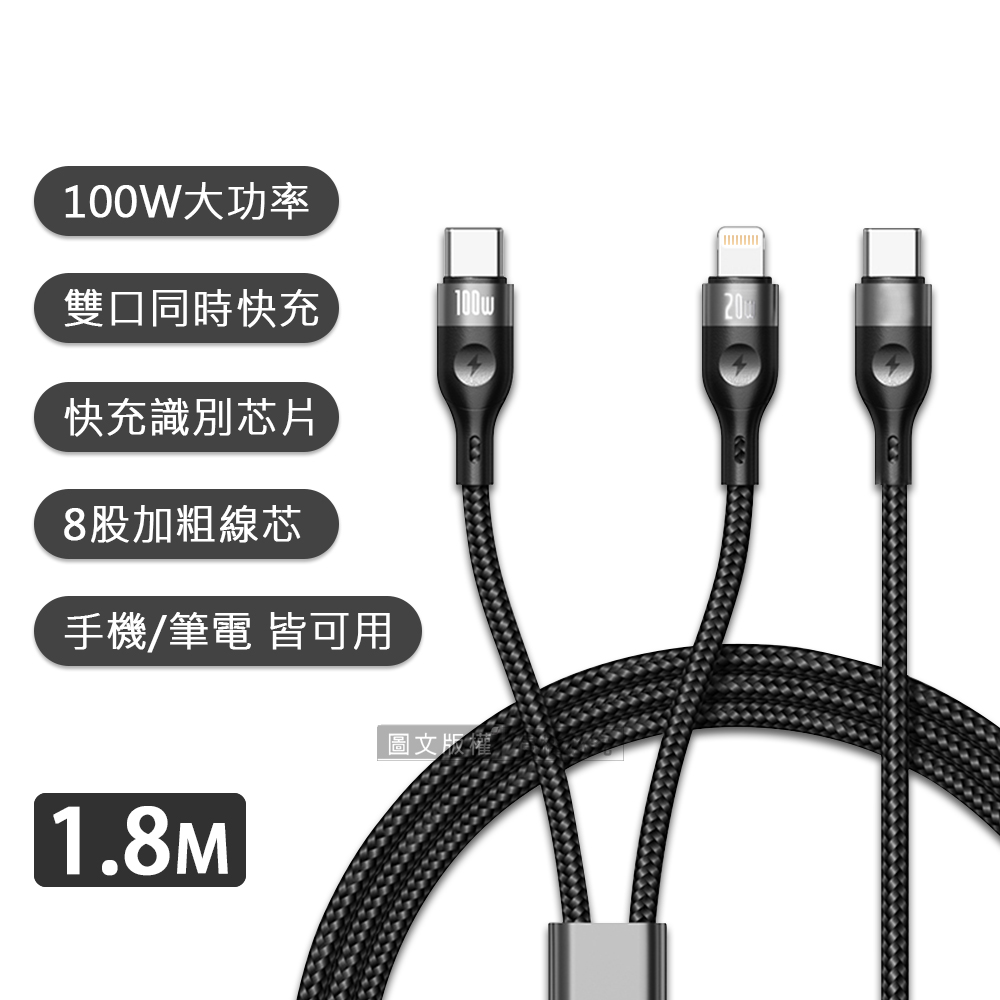 100W 一拖二超大功率快充線 Type-C to Type-C+Lightning 二合一編織充電線(1.8M), , large