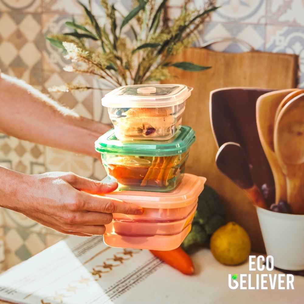JC ECO BELIEVER Collapsible Silicone Food Storage Containers, BPA Free, Microwave, Freezer and Dishwasher Safe, Green 600ml, , large