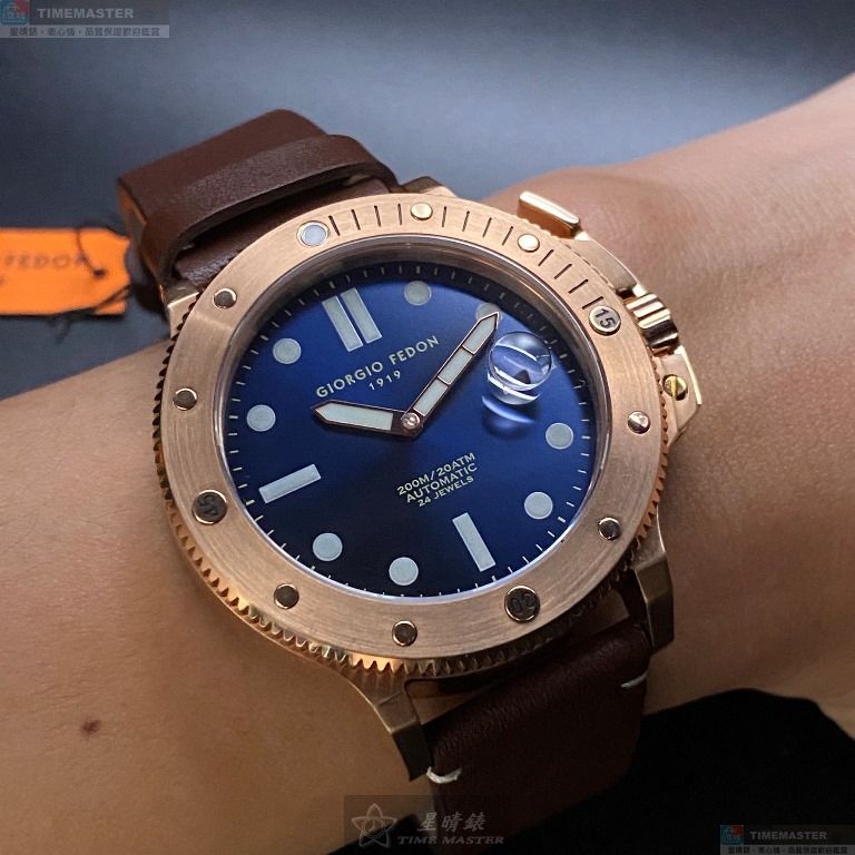 [星晴錶業]GiorgioFedon1919手錶,46mm,GF00007寶藍色錶面玫瑰金錶殼咖啡色真皮皮革錶帶款, , large
