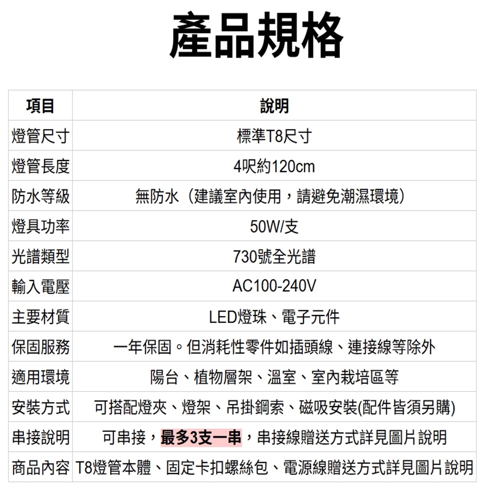 【君沛】V型雙排 730全光譜 4呎T8一體式 50W 旗艦功率 誘導上色 龍舌蘭 多肉 大型層架補光, , large