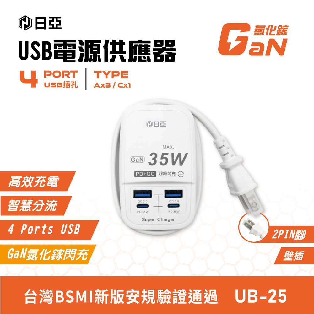[寶旺旺] 日亞 智慧2 PD 35W Type-C+2 QC3.0閃充GaN氮化鎵60CM電源供應器(新安規) UB-25, , large