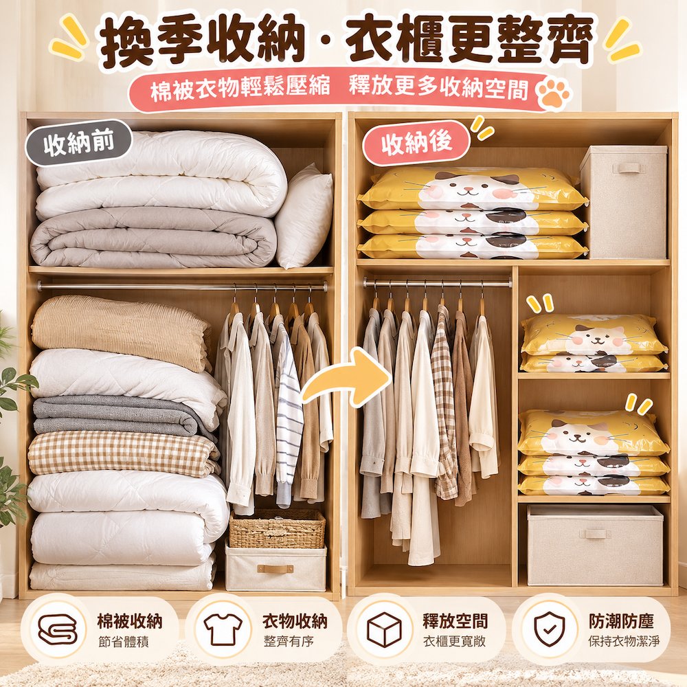 【A&R】六入組 喵趣真空加厚壓縮袋 100x80cm&times;2、100x70cm&times;2、80x56cm&times;2, , large