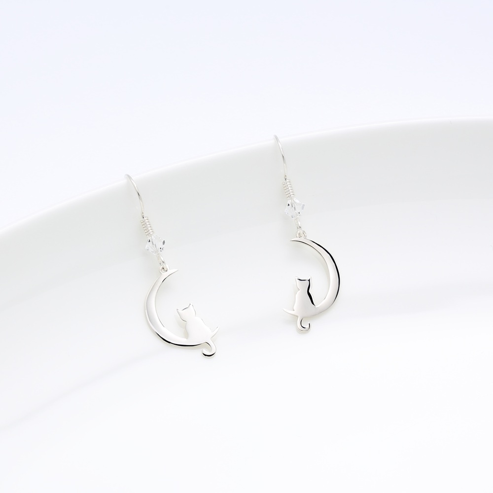 【Angel & Me】Cat On The Moon s925 sterling silver earrings Birthday gift, , large
