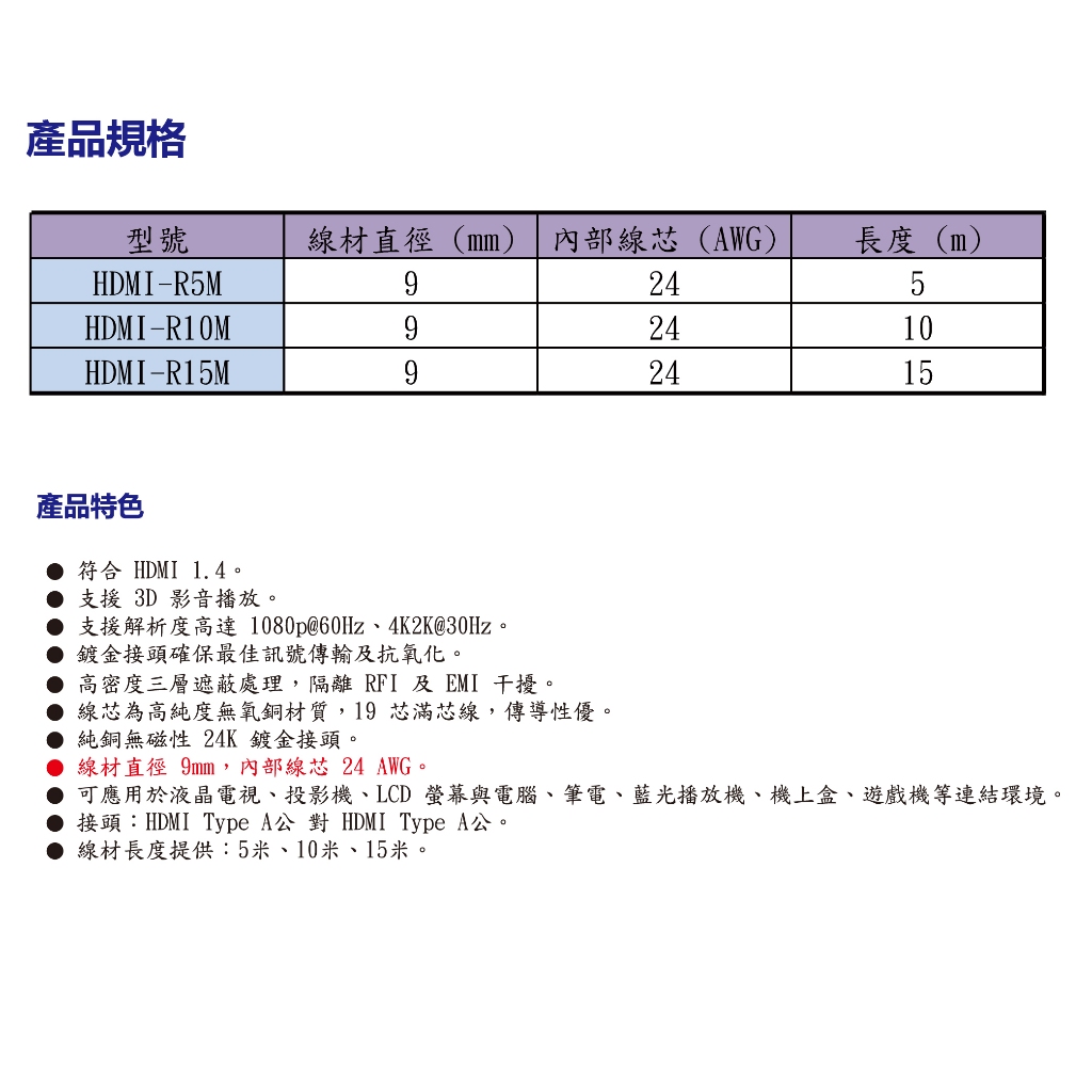昌運監視器 HANWELL HDMI-R15M 15米 高品質 HDMI 標準纜線 抗氧化 解析度4K2K@30Hz, , large