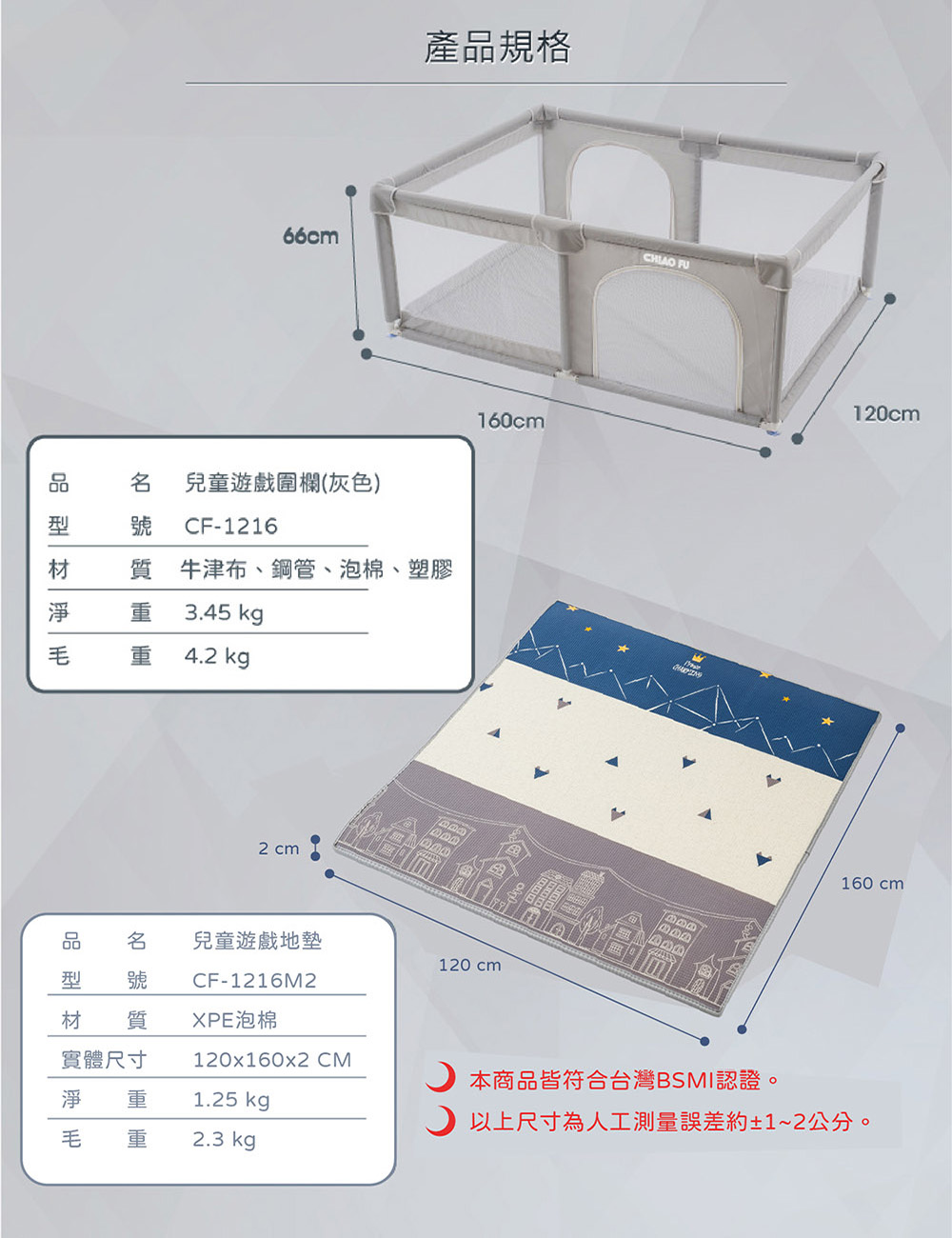 【巧福】兒童遊戲圍欄+地墊組 CF-1216SET 灰色 (台灣認證), , large