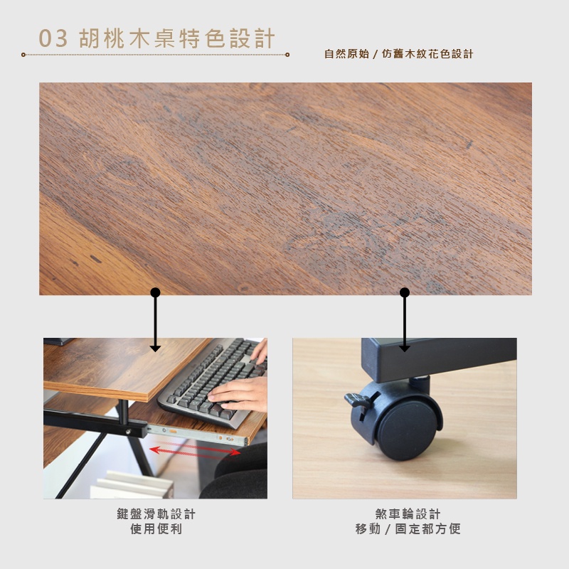 電腦桌 工作桌 書桌 移動桌 桌子 移動邊桌 行動辦公桌 學生桌 PC306, 胡桃木色, large