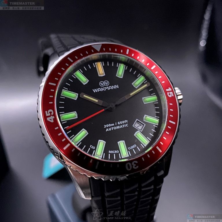 [星晴錶業]WAKMANN手錶,44mm,WA00008黑色錶面可樂圈錶殼深黑色矽膠錶帶款, , large