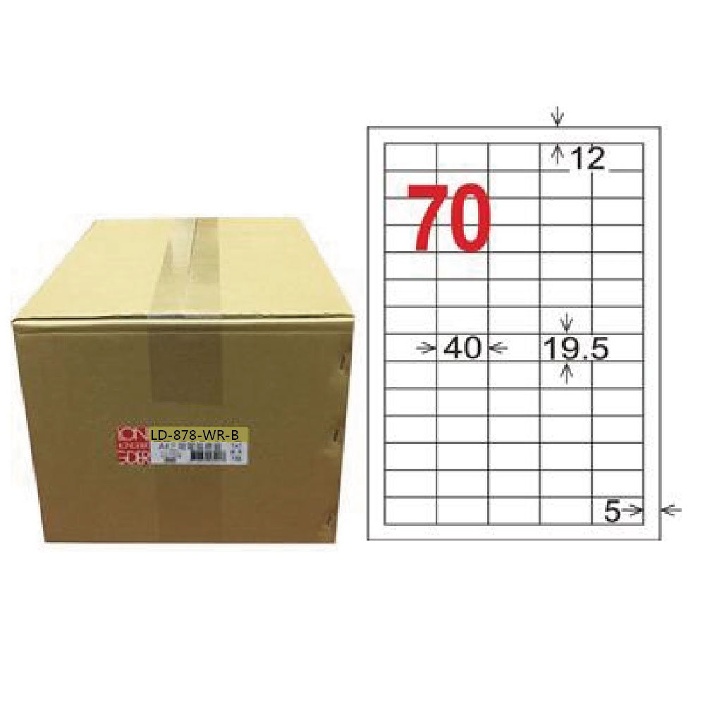 【龍德】LONGDER 三用電腦標籤 A4 70格 19.5*40mm可再貼1000張/箱 LD-878-WR-B(適用雷射、噴墨、影印), , large