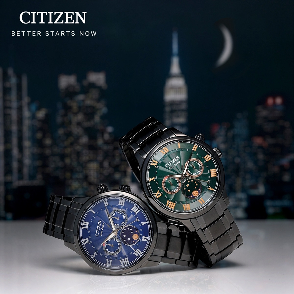 CITIZEN 星辰 亞洲限定 光動能紳男月相手錶 AP1055-87L, , large