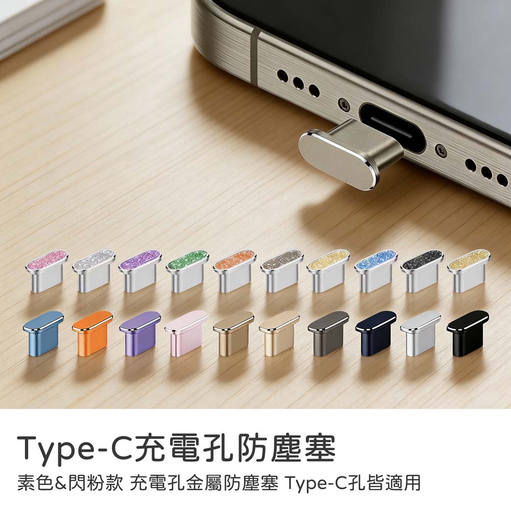 【山水之寶】素色&閃粉款Type-C充電孔金屬防塵塞iPhone安卓手機Airpods pro3藍芽音箱/滑鼠/耳機、平板筆電均適用, , large
