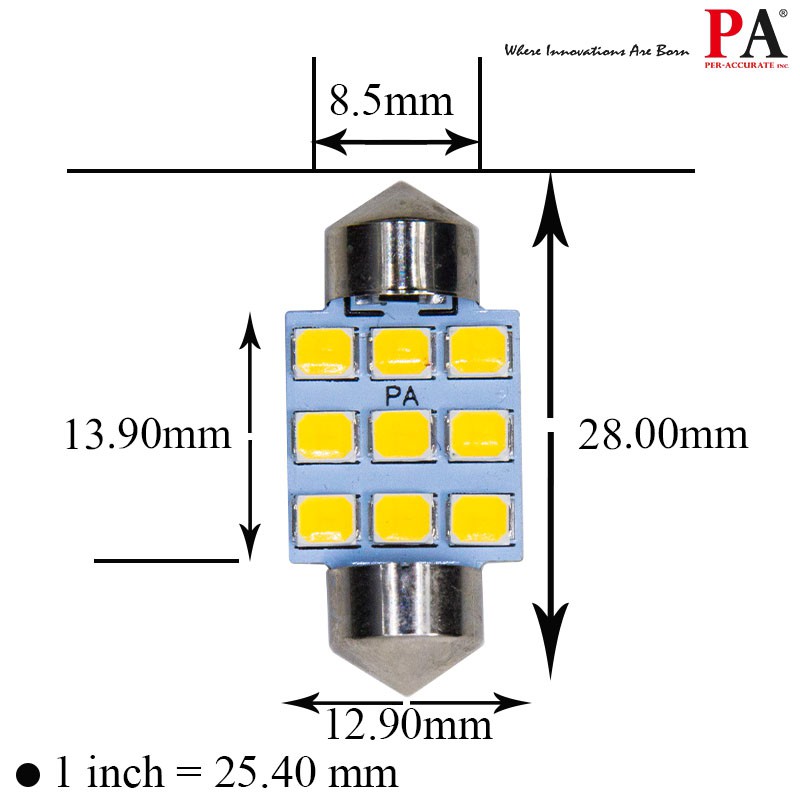 【PA LED】雙尖 28MM 31MM 暖白光 白光 2835 9晶 SMD LED 室內燈 牌照燈 行李箱燈 車廂燈, , large