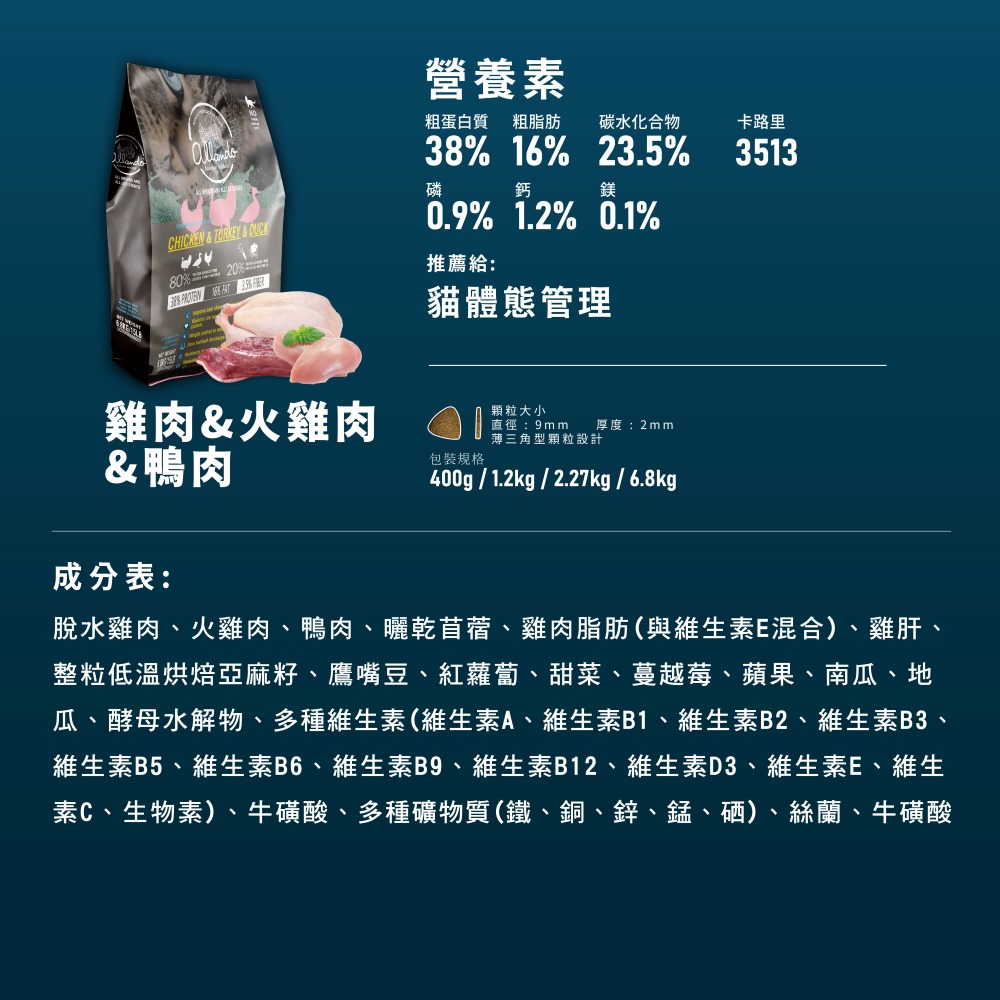 【Allando 奧藍多】無榖貓糧雞肉+火雞肉+鴨肉1.2KG(全齡貓/貓飼料/貓糧), , large